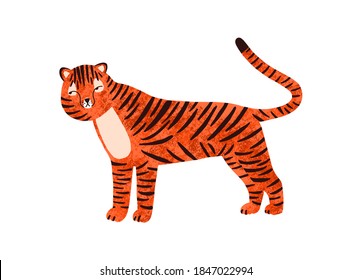 Childish portrait of funny tiger in scandinavian simple style. Cute hand drawn savannah animal. Big wild cat. Flat vector cartoon textured illustration isolated on white background