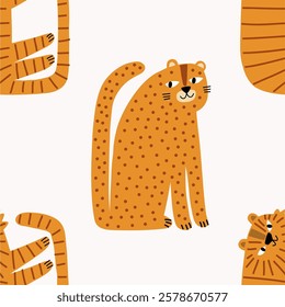 Childish portrait leopard and tiger in flat simple style. Cute, Funny Leopard. Vector poster - Flat vector cartoon illustration