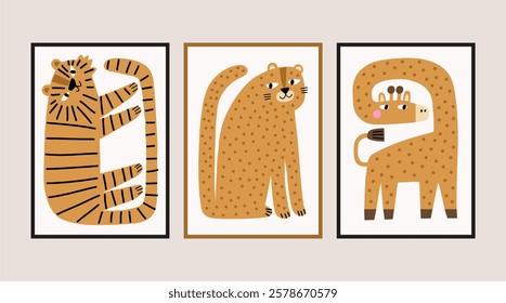 Childish portrait leopard and tiger in flat simple style. Cute, Funny Leopard. Vector poster - Flat vector cartoon illustration