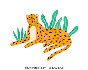 Childish portrait of relaxed leopard in scandinavian simple style. Cute jaguar lying in jungle nature. Funny cheetah resting outdoors. Flat vector cartoon illustration isolated on white background