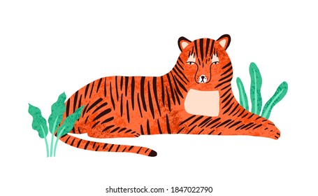 Childish portrait of relaxed tiger in scandinavian simple style. Cute tigress lying in jungle nature. Lazy wild animal resting outdoors. Flat vector cartoon illustration isolated on white background