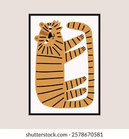 Childish portrait tiger in flat simple style. Cute, Funny tiger. Vector poster - Flat vector cartoon illustration