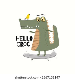 Childish poster with cute crocodile playing skateboard and little bird. Suitable for wall art, poster, t-shirt and others 