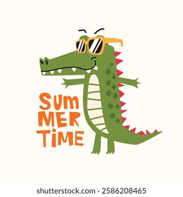 Childish poster with cute crocodile wearing sunglasses in summer time. Suitable for wall art, poster, t-shirt and others 