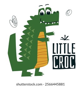 Childish poster with cute little green crocodile. Suitable for wall art, poster, t-shirt, book cover, sticker and others 