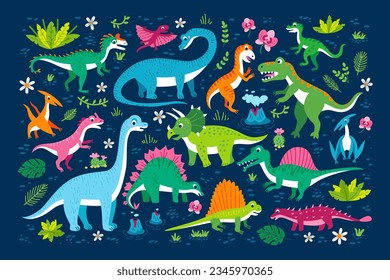 Childish poster with Jurassic reptiles. Cute flat dinosaur set.