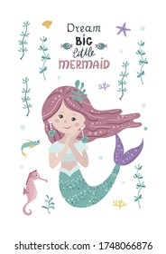 Childish poster with mermaid, starfish, seaweed and coral. Perfect for kids bedroom, nursery decoration, posters and wall decorations