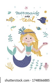 Childish poster with mermaid, starfish, seaweed and coral. Perfect for kids bedroom, nursery decoration, posters and wall decorations
