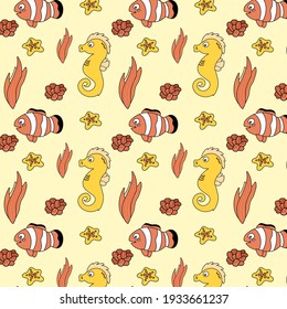 Childish poster with seahorse and clownfish. Vector seamless pattern.