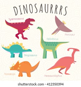 Childish poster with set of dinosaurs: tyrannosaurus, pterosaur, stegosaurus, diplodocus, triceratops, parasaurolophus. Cute vector illustration. Cartoon dinosaur characters. Isolated on background. 