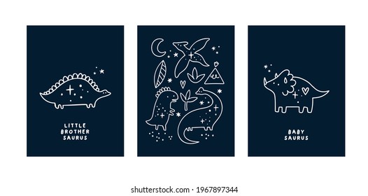 Childish posters or milestone cards with cute dinosaurs. Space dino hand drawn illustration for kids. Cartoon jungle animals set with fantasy dinosaur. Line art silhouette dinosaurs prints