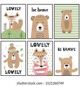 Childish posters set for nursery scandi design with funny animals - bear, fox in Scandinavian style. Vector Illustration. Kids illustration for baby clothes, greeting card, wrapping paper.