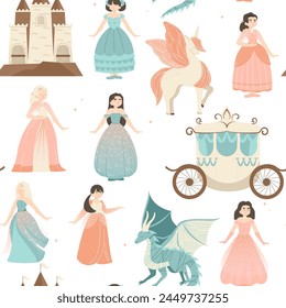 Childish princess pattern. Cute fairy tale seamless print with princess castle, carriage, unicorn, crown and magic wand. Vector texture. Medieval characters wearing dresses wallpaper for nursery room