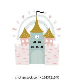 Childish print with castle and rainbow. Ready design for poster, card, kids apparel. Vector illustration