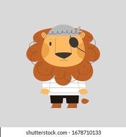 Childish print with cute baby animal lion in flat style. Little pirate illustration in scandinavian style. Ideal for poster, card, nursery print, kid clothing, children room decoration