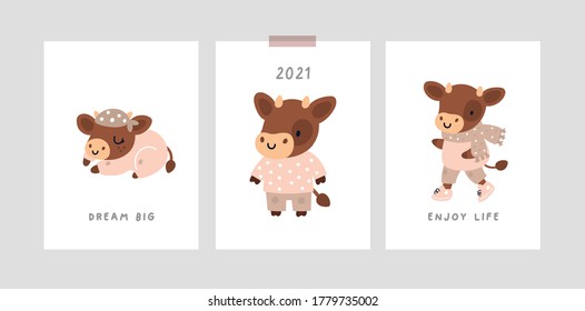 Childish print with cute baby bull, cow or calf. Symbol of 2021 year. Nursery prints with hand drawn doodle illustration. Ideal for kids room decoration, clothing, prints, card, calendar, print