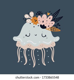 Childish print with cute baby jellyfish sea or ocean vector illustration. Creative kids coral reef animal character for print, poster, textile, fabric,room decor, cards, nursery clothing