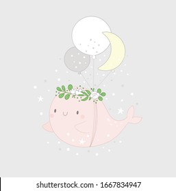 Childish print with cute baby whale with balloons. 