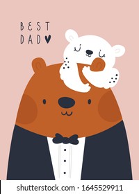 Childish print with cute bear family. Best dad celebration. Trendy kids vector print. Ideal for creating posters, cards, prints, digital paper, kids clothing, nursery prints and kids room decor