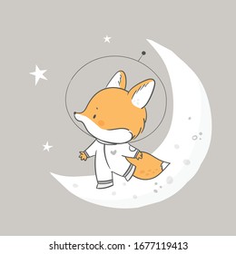 Childish print with cute little fox on the moon. Baby animal astronaut in cosmos. Hello little one. Illustration with little animal for kids. Good for posters, cards, prints, room decoration