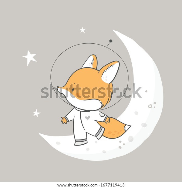 Childish
print with cute little fox on the moon. Baby animal astronaut in
cosmos. Hello little one. Illustration with little animal for kids.
Good for posters, cards, prints, room
decoration