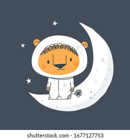 Childish print with cute little lion on the moon. Baby animal astronaut in cosmos. Sweet dreams little one. Illustration for kids. Good for posters, cards, prints, room decoration