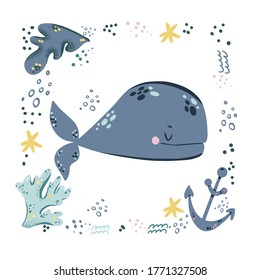 Childish print with cute lovely baby whale vector illustration. Under water sea or ocean animal. Creative kids animal character for print, poster, textile, fabric,room decor, cards, nursery clothing.