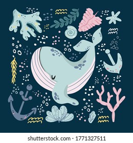 Childish print with cute lovely baby whale vector illustration. Under water sea or ocean animal. Creative kids animal character for print, poster, textile, fabric,room decor, cards, nursery clothing.