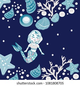 Childish print. Cute mermaid, seashells, marine animals. Background for fabric print, texture and wrapping paper.