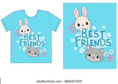 Childish print design for t-shirt cute cat and rabbit with chamomile flowers with handwritten phrase best friends on a blue background vector illustration