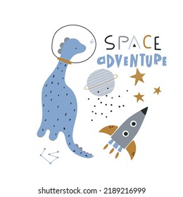 Childish print with dino in helmet. Space adventure lettering quote with funny dino characters. Vector illustration isolated on white.