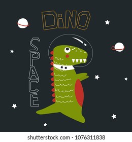 Childish print with dinosaur astronaut. Vector hand drawn illustration.