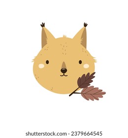 Childish print, hand drawn vector illustration with portrait of a cute squirrel and autumn leaves. Colorful artwork for decorations, cards, kids designs.