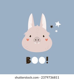 Childish print, hand drawn vector illustration with portrait of mischief bat. Colorful artwork for decorations, cards, kids designs.