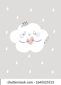 Childish print illustration with cute lovely cloud princess. Trendy kids vector print. Ideal for creating posters, cards, prints, digital paper, kids clothing, nursery prints and kids room decor