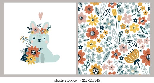 Childish print illustration and seamless pattern with flowers and cute rabbit character. Floral background and print for children's clothing, wrapping paper, decor.