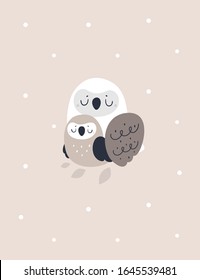 Childish print with lovely family of owl birds. Baby shower illustration. Trendy kids vector print. Ideal for creating posters, cards, prints, paper, kid clothing, nursery prints and room decor
