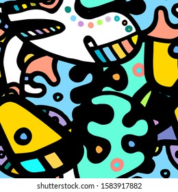 Childish Print. Modern Seamless Pattern.  Color, Multicolor Summer Hand Drawn. Linear Collage. Bizarre Street Art. Creative Trendy Style. Abstract, Contrast Shape. Doodle Crazy Vector Background.
