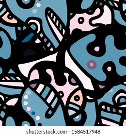 Childish Print. Modern Seamless Pattern.  Blue, Purple Cool Hand Drawn. Linear Collage. Bizarre Street Art. Creative Trendy Style. Abstract, Contrast Shape. Doodle Crazy Vector Background.
