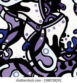 Childish Print. Modern Seamless Pattern.  Blue, Purple Summer Hand Drawn. Linear Collage. Bizarre Street Art. Creative Trendy Style. Abstract, Contrast Shape. Doodle Crazy Vector Background.
