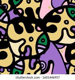 Childish Print. Modern Seamless Pattern.  Color, Multicolor Fun Hand Drawn. Linear Collage. Bizarre Street Art. Creative Trendy Style. Abstract, Contrast Shape. Doodle Crazy Vector Background.
