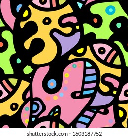 Childish Print. Modern Seamless Pattern.  Color, Multicolor Funky Hand Drawn. Linear Collage. Bizarre Street Art. Creative Trendy Style. Abstract, Contrast Shape. Doodle Crazy Vector Background.
