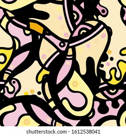 Childish Print. Modern Seamless Pattern.  Black, Yellow Funky Hand Drawn. Linear Collage. Bizarre Street Art. Creative Trendy Style. Abstract, Contrast Shape. Doodle Crazy Vector Background.

