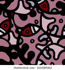 Childish Print. Modern Seamless Pattern.  Gray, Bordo Fun Hand Drawn. Linear Collage. Bizarre Street Art. Creative Trendy Style. Abstract, Contrast Shape. Doodle Crazy Vector Background.
