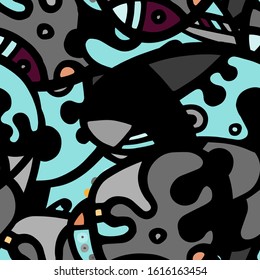 Childish Print. Modern Seamless Pattern.  Mint, Turquoise Chaotic Hand Drawn. Linear Collage. Bizarre Street Art. Creative Trendy Style. Abstract, Contrast Shape. Doodle Crazy Vector Background.
