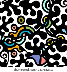 Childish Print. Modern Seamless Pattern.  Color, Multicolor Cool Hand Drawn. Linear Collage. Bizarre Street Art. Creative Trendy Style. Abstract, Contrast Shape. Doodle Crazy Vector Background.
