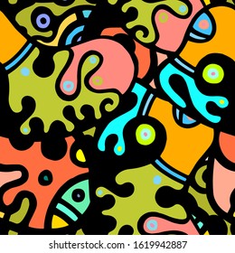 Childish Print. Modern Seamless Pattern.  Color, Multicolor Summer Hand Drawn. Linear Collage. Bizarre Street Art. Creative Trendy Style. Abstract, Contrast Shape. Doodle Crazy Vector Background.

