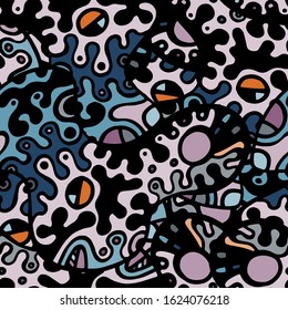 Childish Print. Modern Seamless Pattern.  Blue, Purple Fantasy Hand Drawn. Linear Collage. Bizarre Street Art. Creative Trendy Style. Abstract, Contrast Shape. Doodle Crazy Vector Background.
