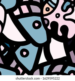 Childish Print. Modern Seamless Pattern.  Blue, Purple Chaotic Hand Drawn. Linear Collage. Bizarre Street Art. Creative Trendy Style. Abstract, Contrast Shape. Doodle Crazy Vector Background.
