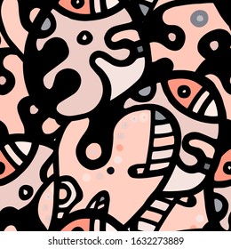 Childish Print. Modern Seamless Pattern.  Gray, Bordo Fun Hand Drawn. Linear Collage. Bizarre Street Art. Creative Trendy Style. Abstract, Contrast Shape. Doodle Crazy Vector Background.
